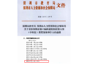 2015年-深圳市第六届职业院校技能大赛（中职组）特别贡献奖-深圳市教育局 深圳市人力资源和社会保障局